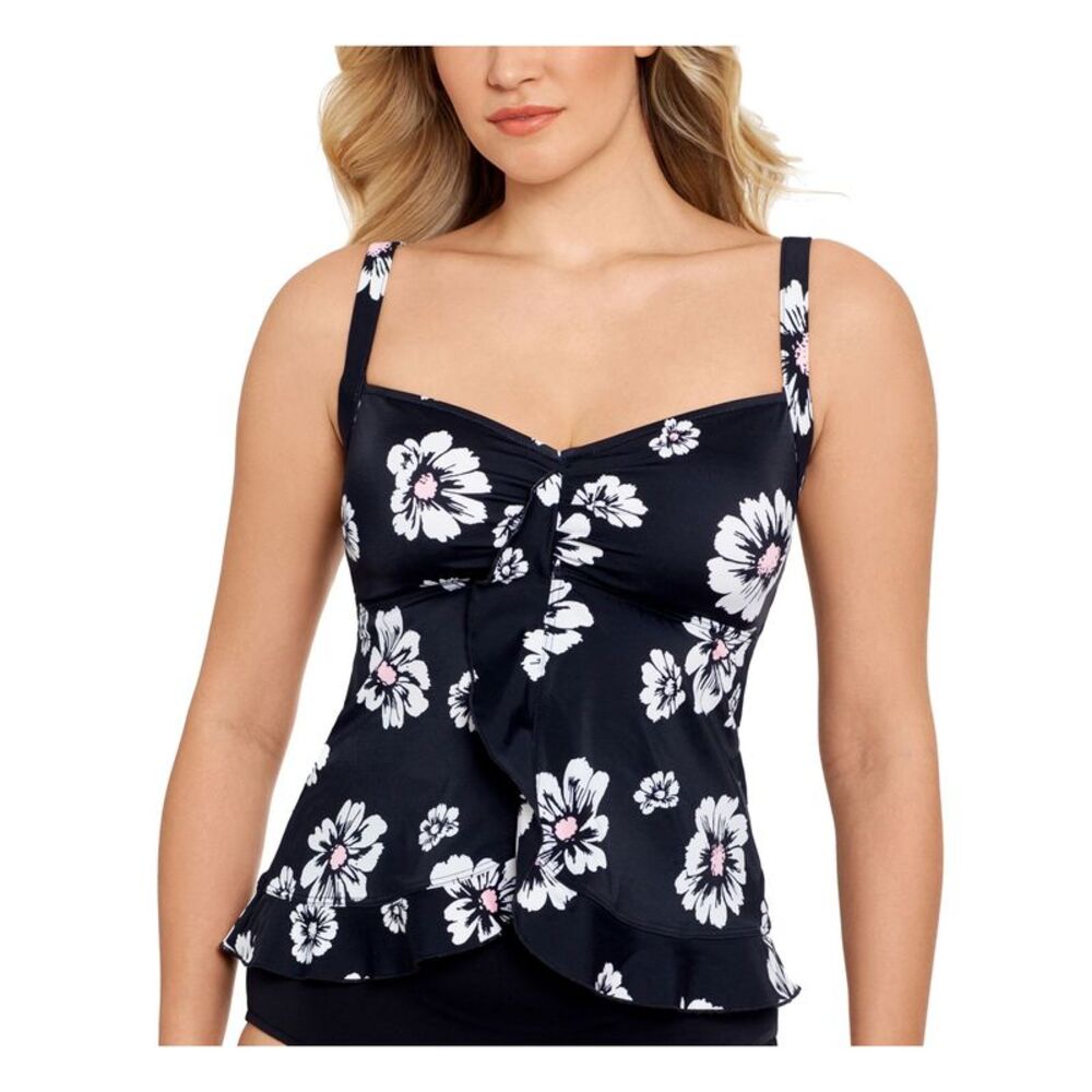 SWIM SOLUTIONS Women's Black Ruffled Hem Non- Removable Cups Bra Tankini Top 8